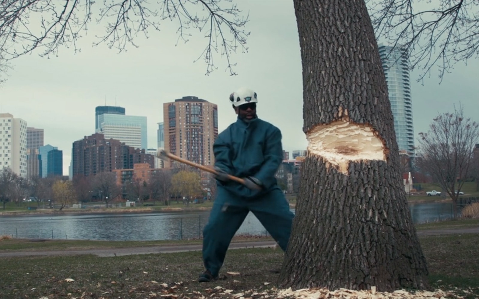 Man Cutting a Tree down with an axe