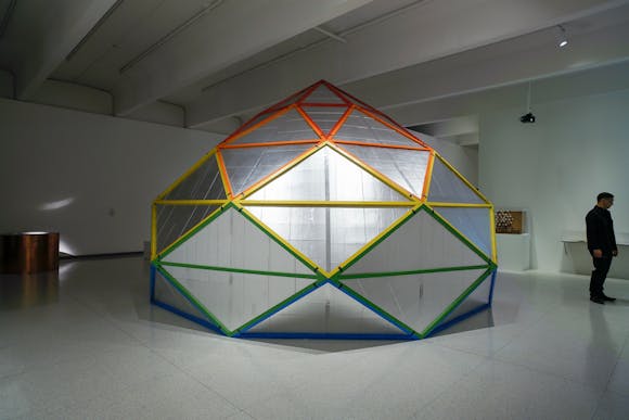 View of the exhibition Hippie Modernism: The Struggle for Utopia, 2015; Clark Richert, Richard Kallweit, and Ed Heinz, 8-Fold "Polar Zonahedron," 1968/2015