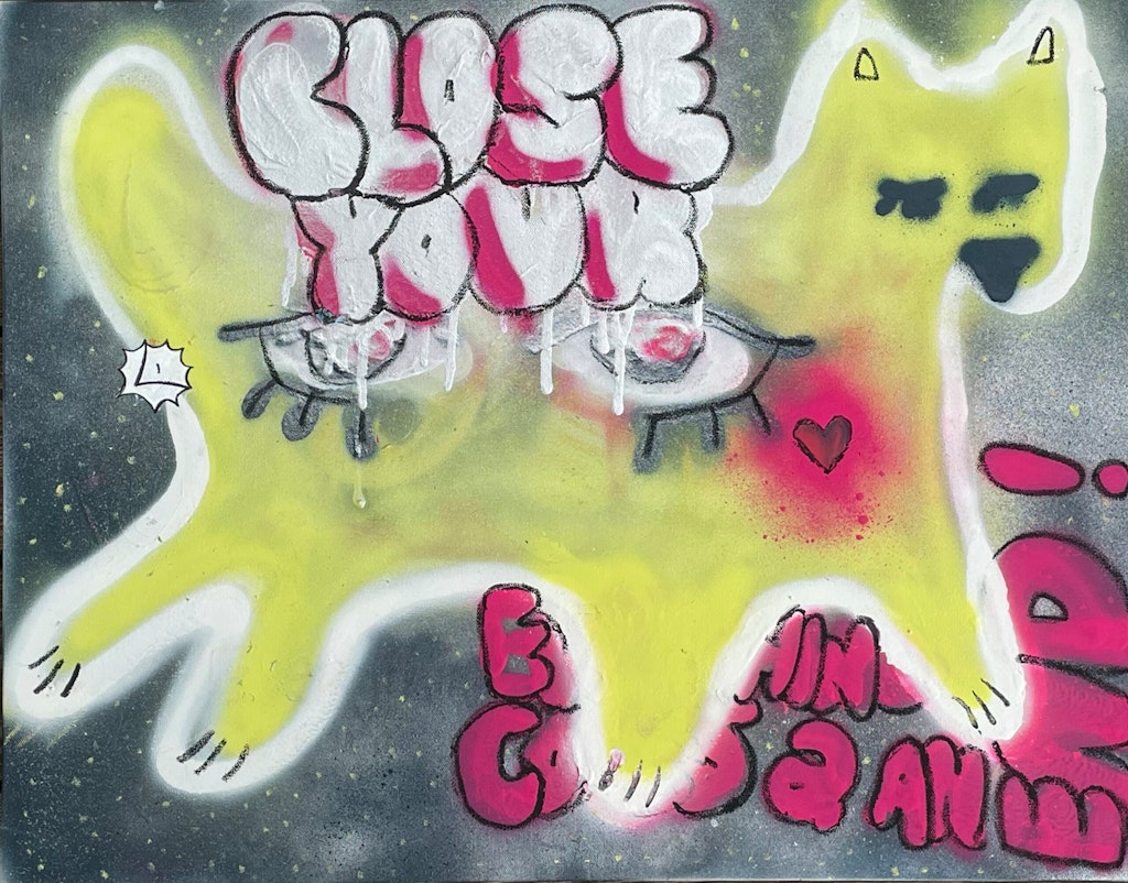 Graffiti of a cat with eyes on its side and the the words Close Your