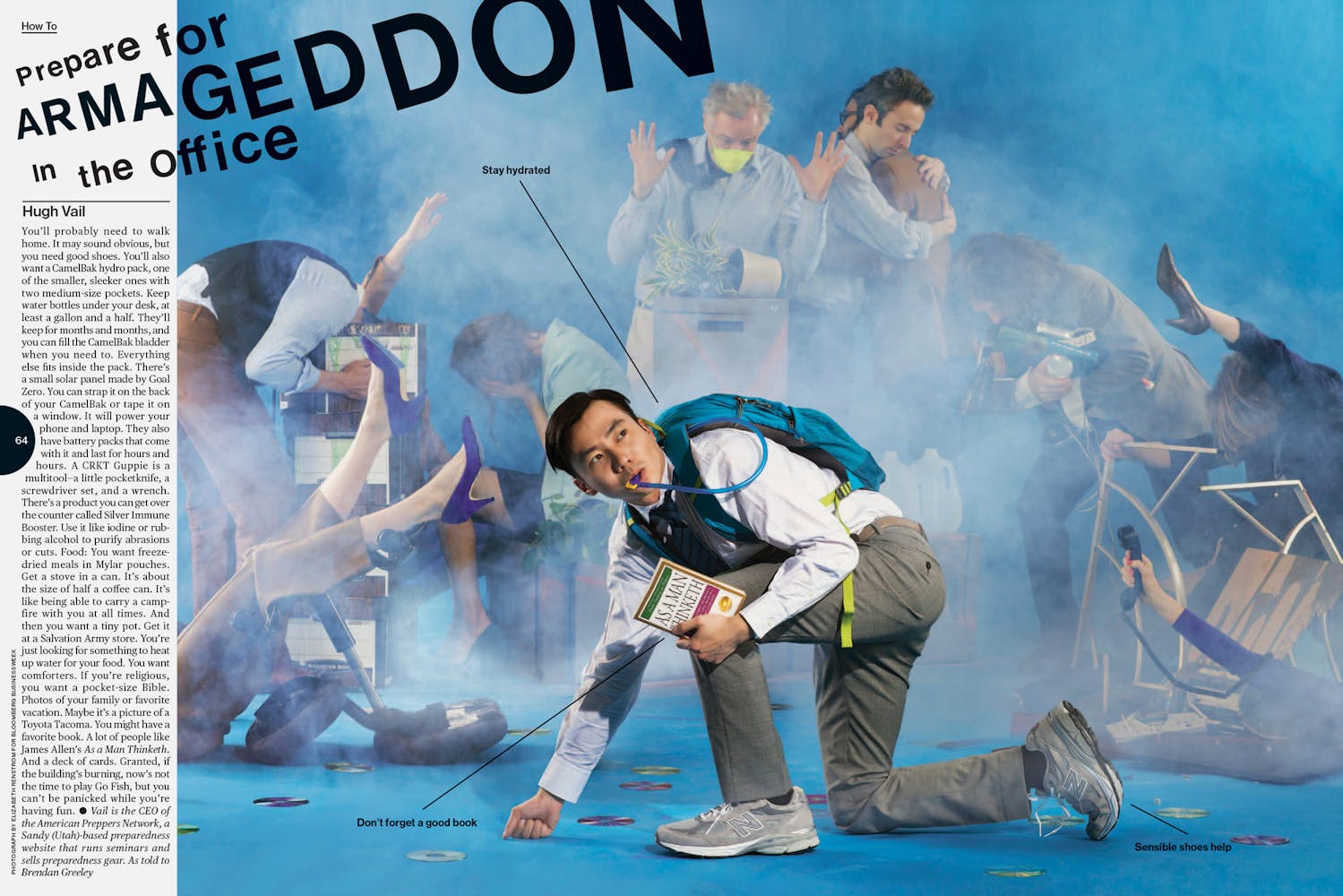 a magazine spread featuring a man hunched over on the ground with smoke around him and work colleagues in the background, paired with the text "Prepare for Armaggedon in the Office" in the