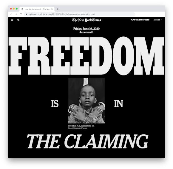 Browser window featuring large graphic article called "Freedom is in the claiming" for NYTimes