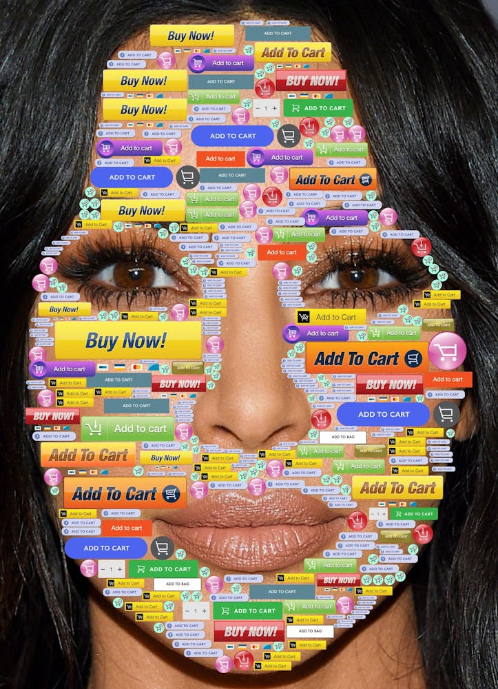 Image of Kim Kardasian's face covered with hundreds of colorful digital ad buttons