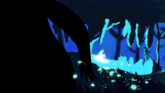 Illustration of a glowing woman in a dark fantastical forest with glowing creatures