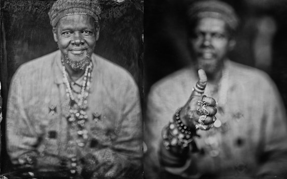 Two side by side black and white portraits of Lonnie Holley