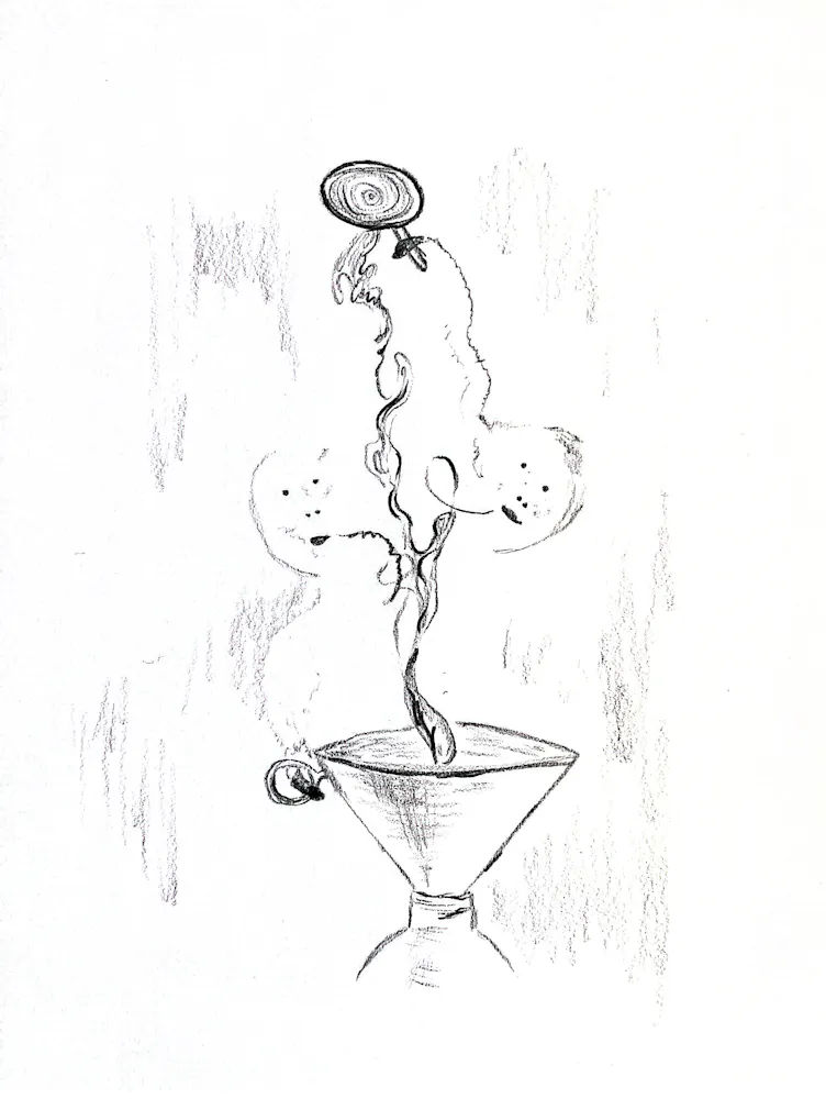 Pencil drawing of faces and a swirling disc with lines emerging out of them that are collecting into a funnel in a bottle below