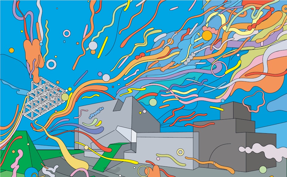 Colorful illustration of Walker building with thousands of floating multicolored balloons and shapes