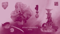 A pink image with various pink objects and light cloud like texutre behind them. Text at the bottom says "Avant Garden 2024"