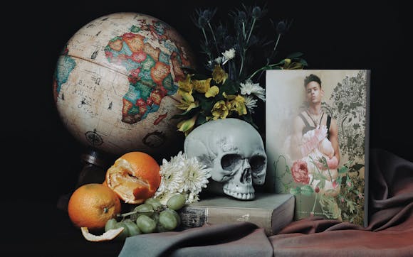 ill life of skull, oranges, globe, magazine, flowers
