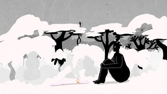 Mostly grayscale illustration of human silhouetted figures in a wintery forest scene