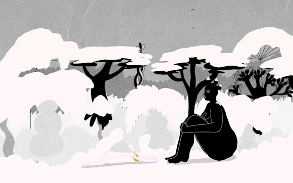 Mostly grayscale illustration of human silhouetted figures in a wintery forest scene