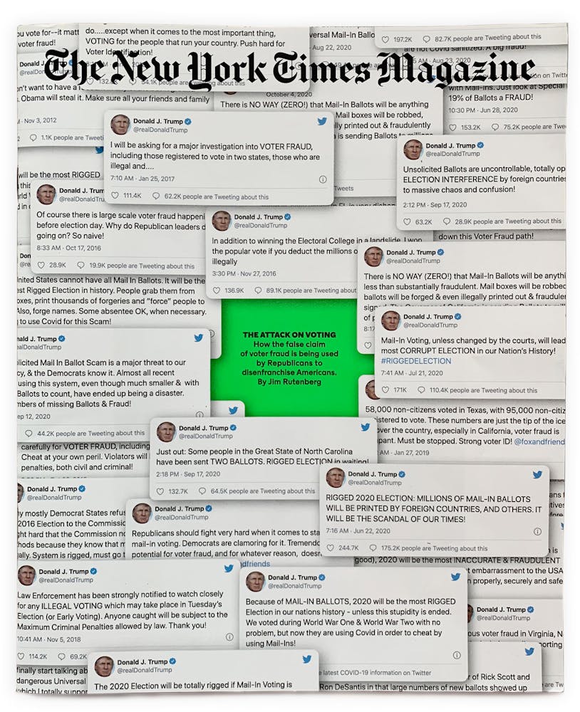 Cover of The New York Times Magazine with dozens of screengrabs of tweets by Donald Trump