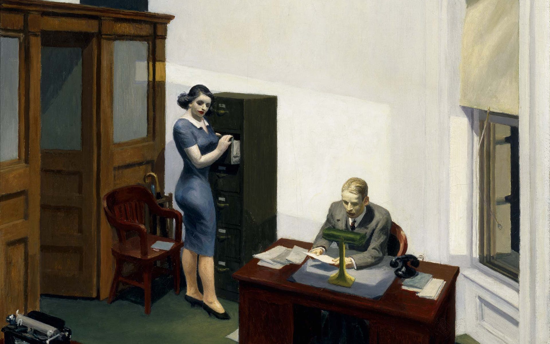 Painting by Edward Hopper of two people in an office