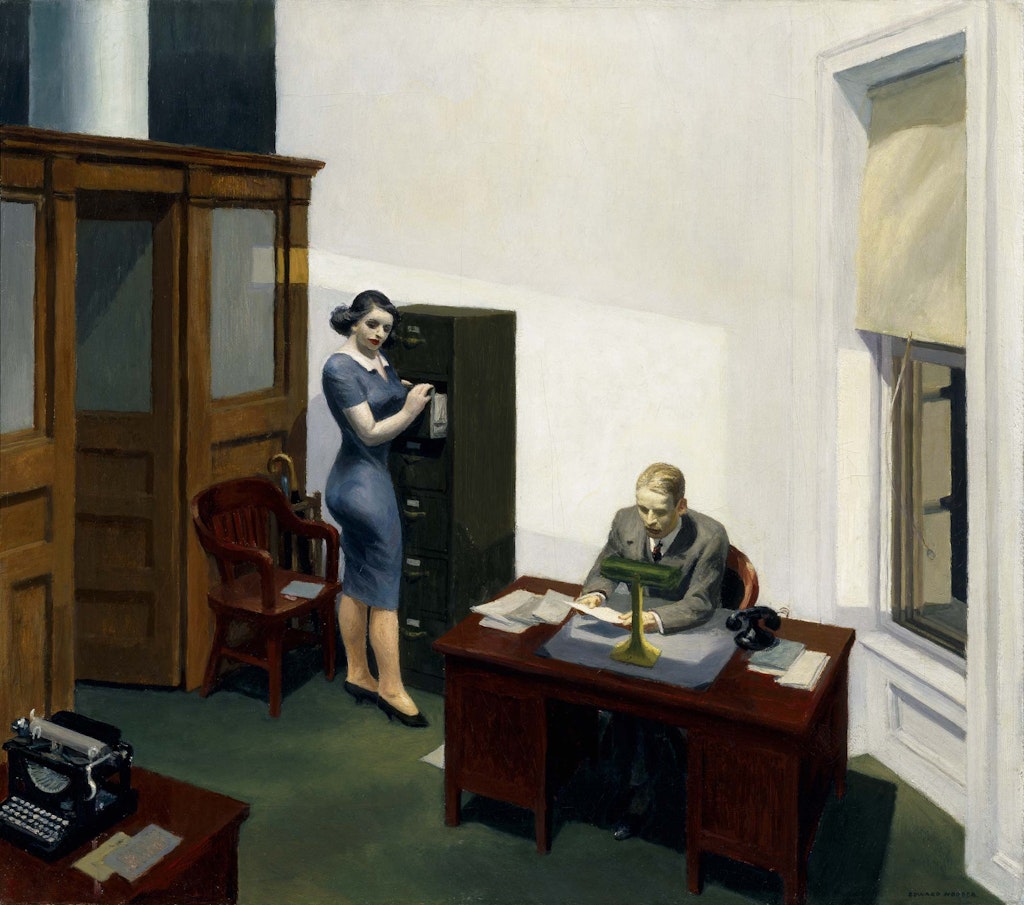 Painting by Edward Hopper of two people in an office