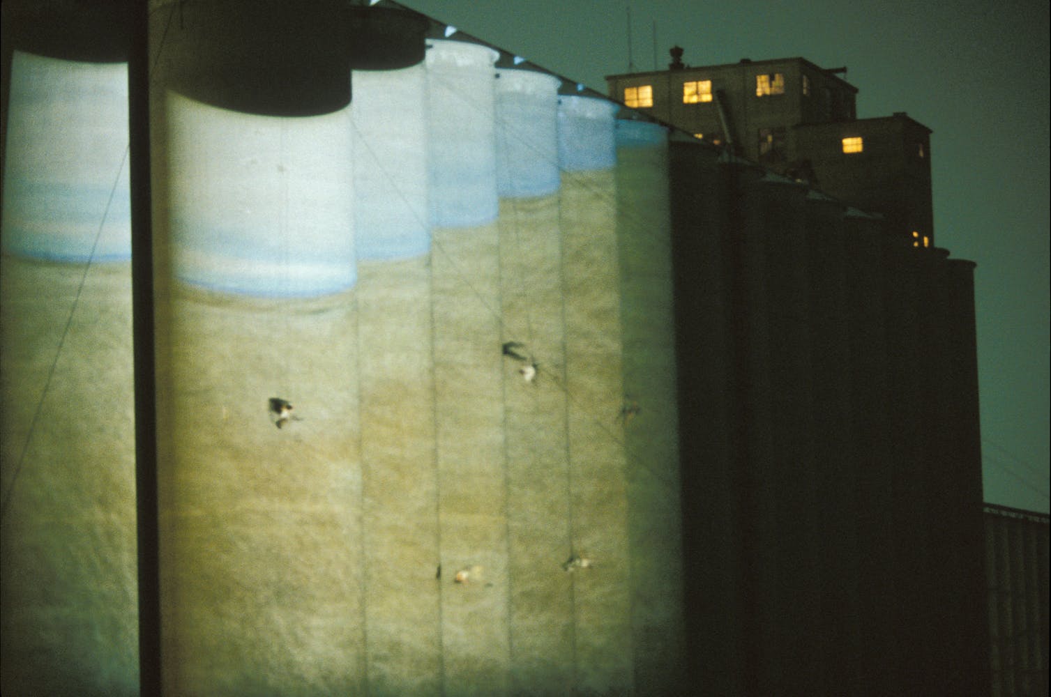 Dancers suspended from the top of a large grain silo dance on its exterior with projections.