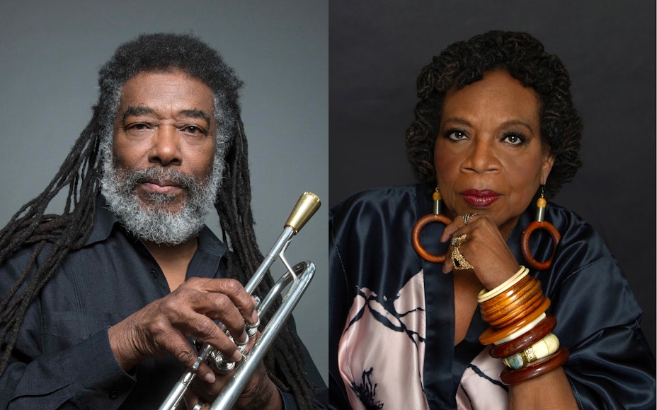 Photos of two musicians are placed side-by-side. On the left, Wadada Leo Smith holds a silver trumpet. On the right, Amina Claudine Myers rests her head on her hand.