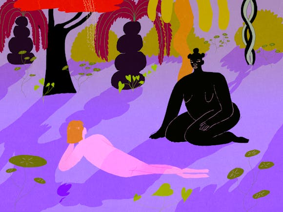 Colorful illustration of forest scene with black and pink silhouetted figures on the ground