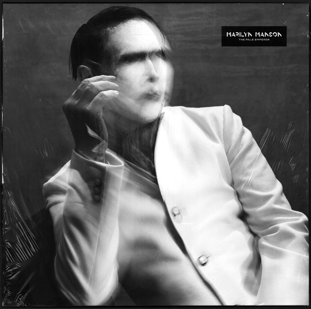 Marilyn Manson album cover with black and white image of artist that is blurry