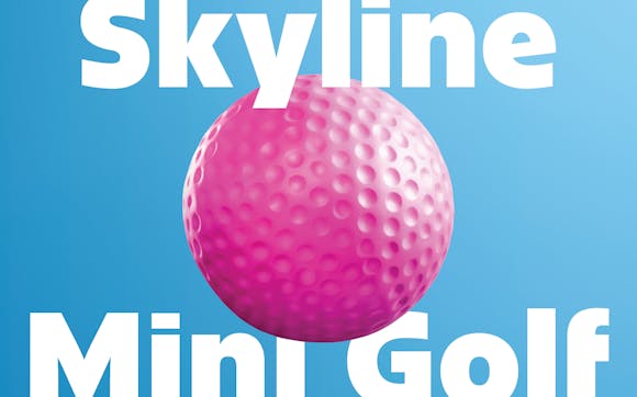 A pink golf ball floats over a blue background with the text "Skyline Mini Golf"