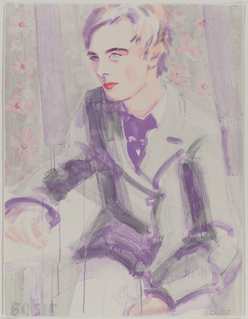 A painting of an adult in light purple colors and red lips and floral background.