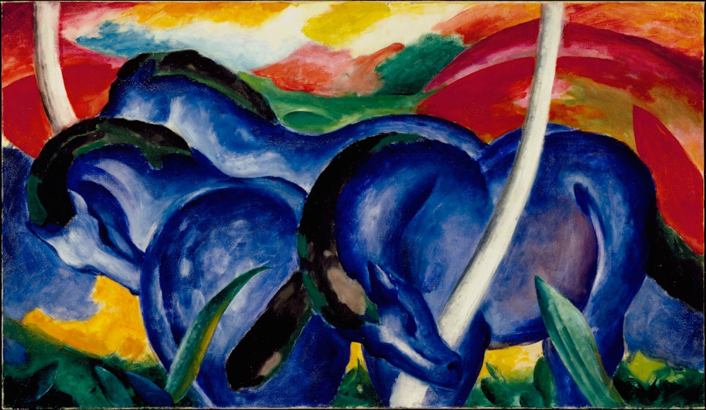 Expressionistic painting of three blue horses in a field.