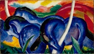 Expressionistic painting of three blue horses in a field.