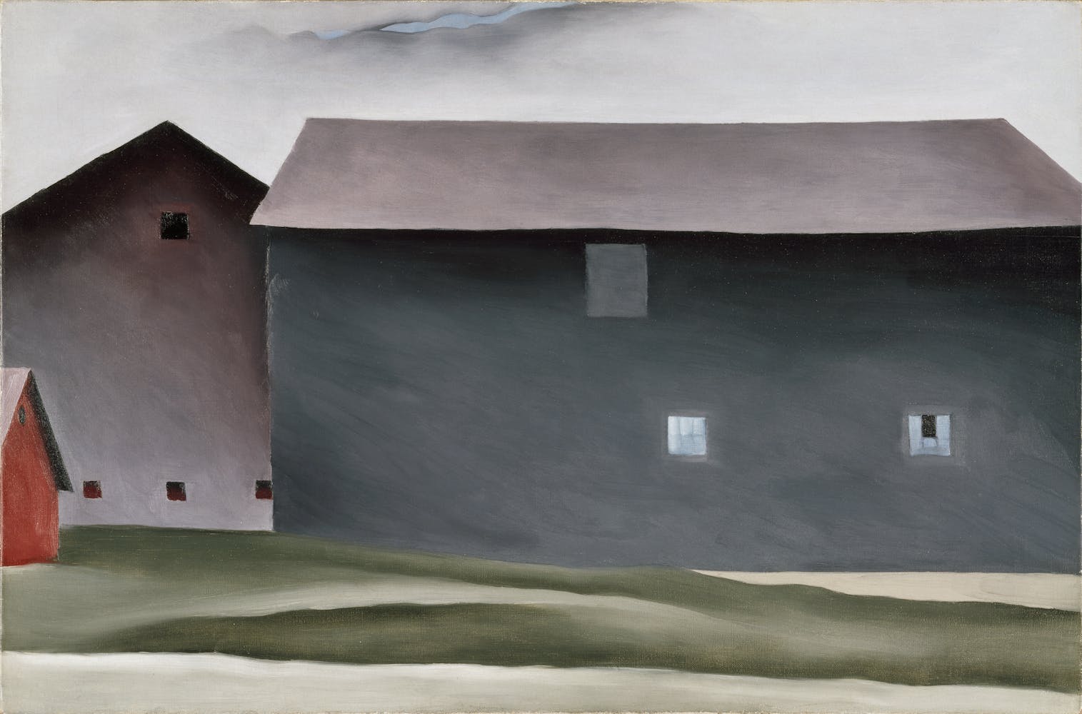 Painting of barn and buildings.