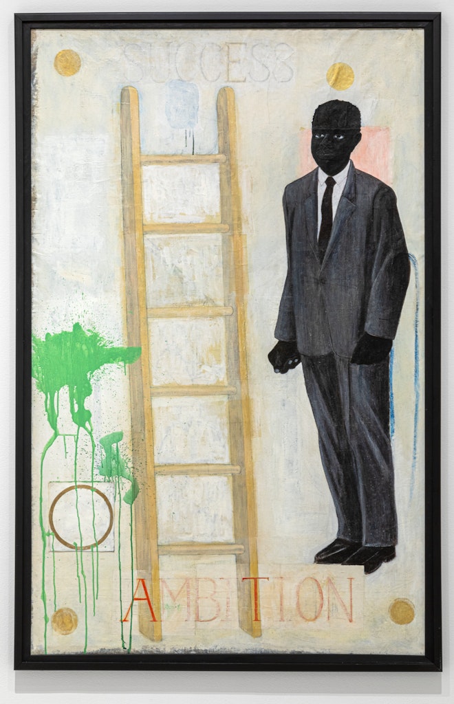 A painting of a black man wearing a grey suit stands next to a latter.