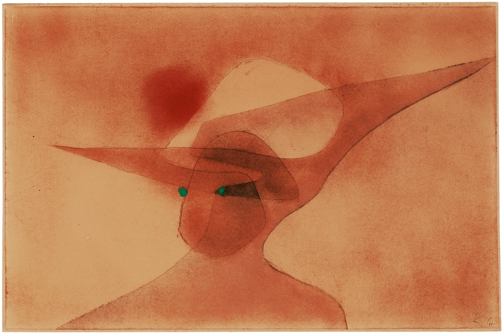A red and tan illustration or paitning of a figure.