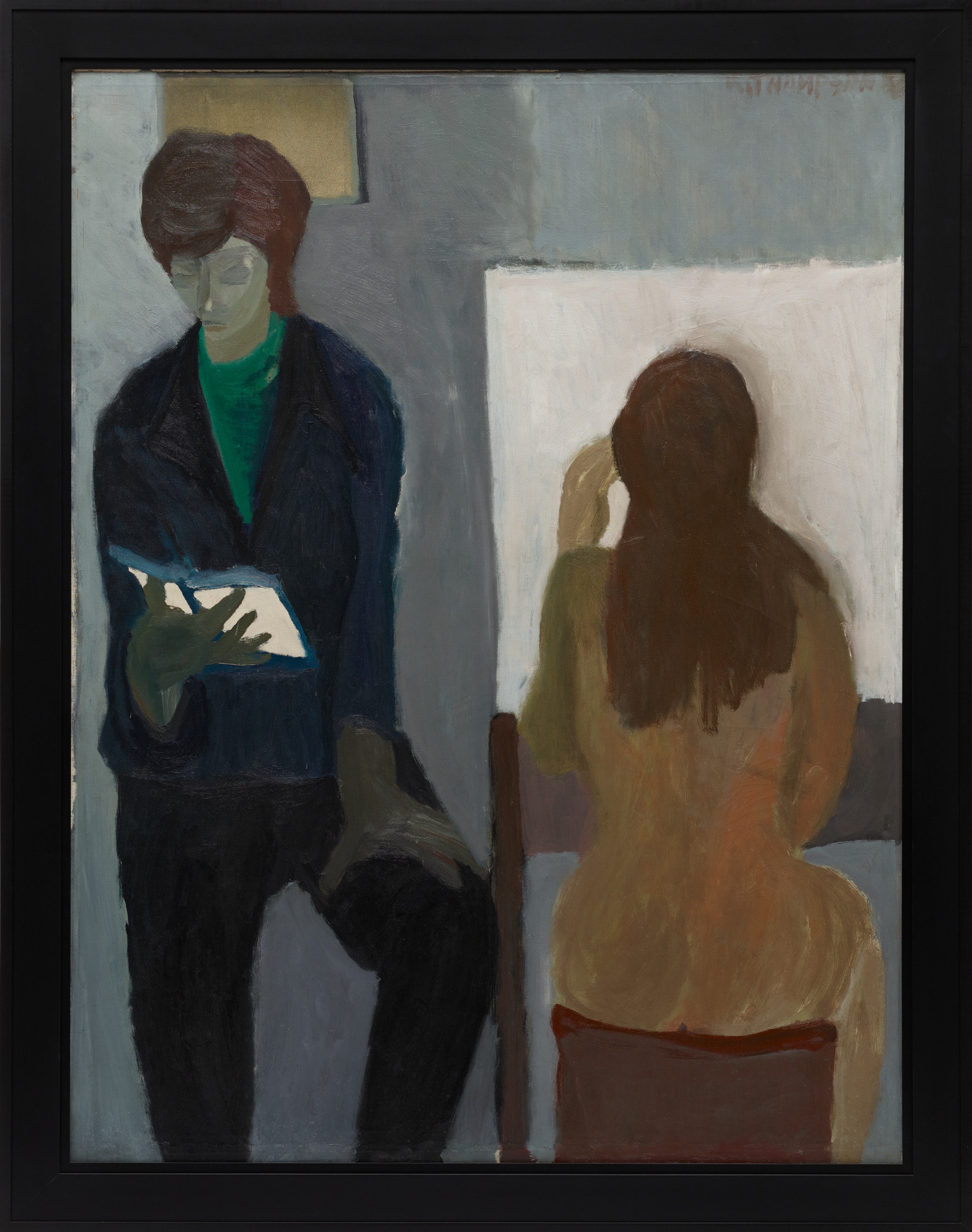 A painting of two adults in muted colors, one stands and reads a book faces the viewer, one is sitting, facing away towards a white board.