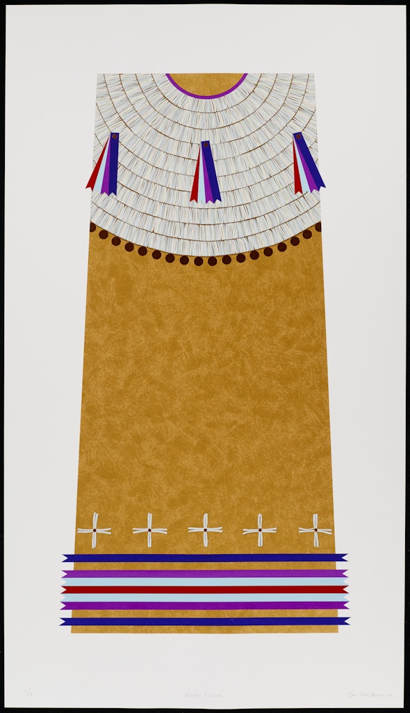 A tan piece of art with blue and purple stripes at the bottom and