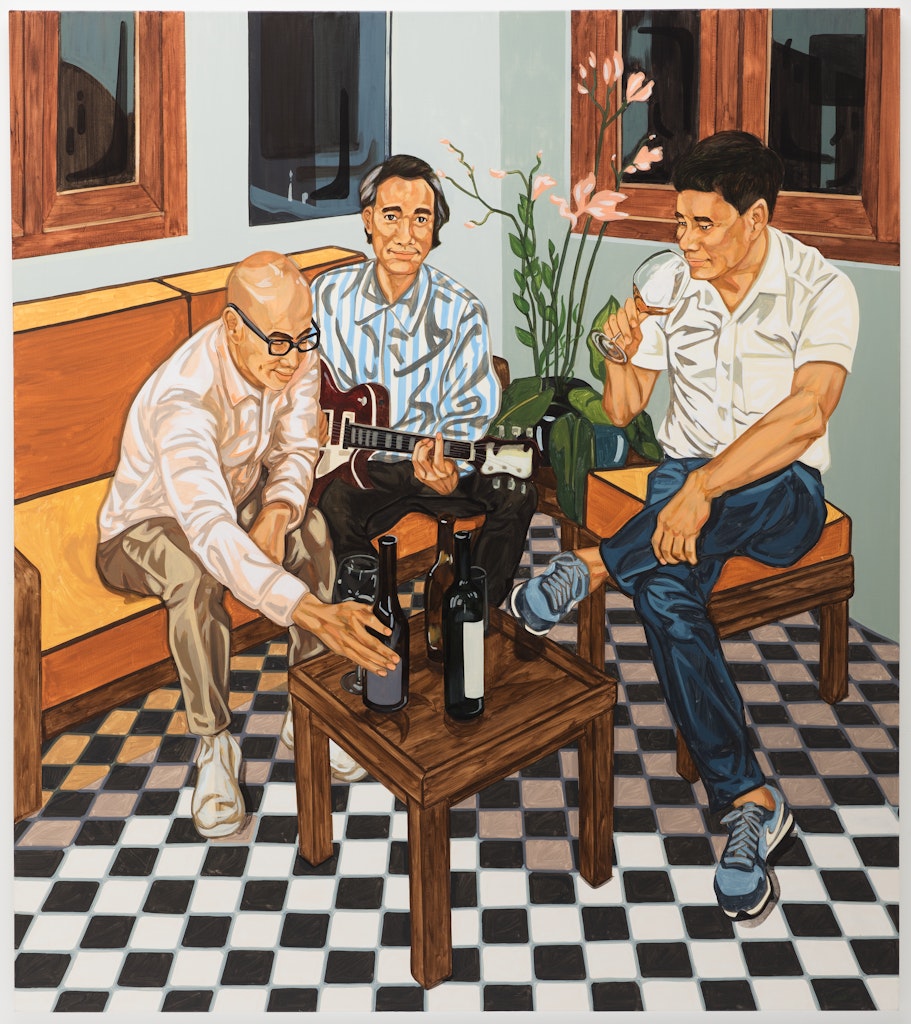 A painting depicting three men with medium tan skin sitting around a table drinking wine.