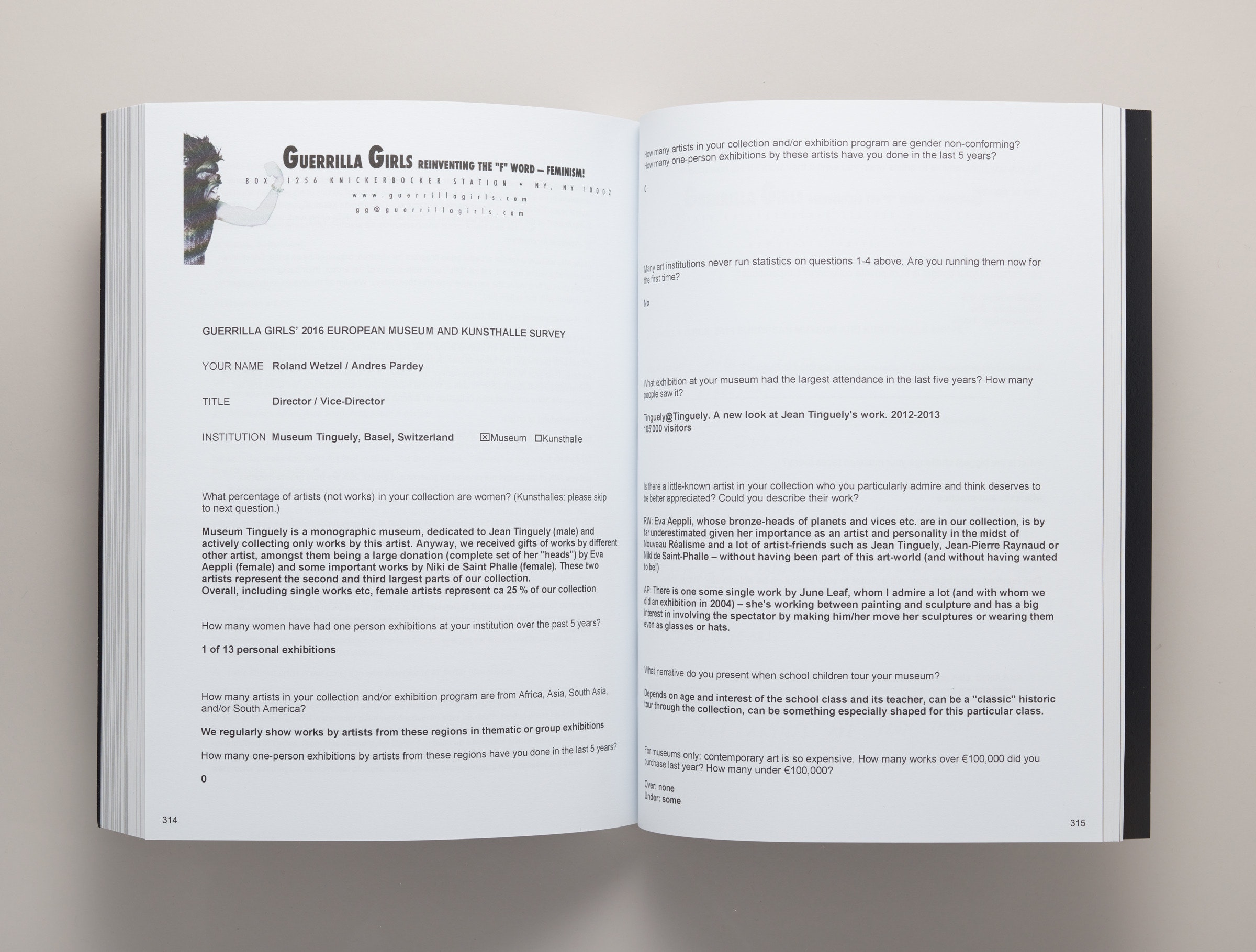 The book, open to a two-page spread of a response to the Guerrilla Girls’ European 2016 Museum and Kunsthalle Survey.