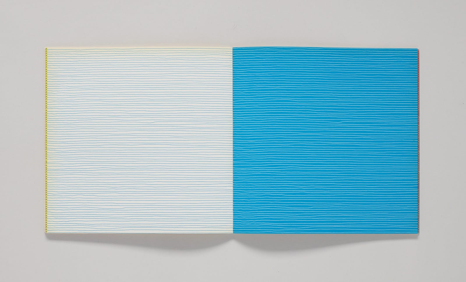 A book is open to a spread of many horizontal lines.