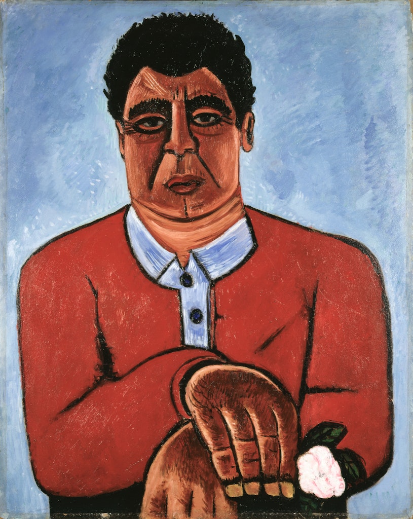 A painting of a person with short black hair, red sweater and blue backgound.