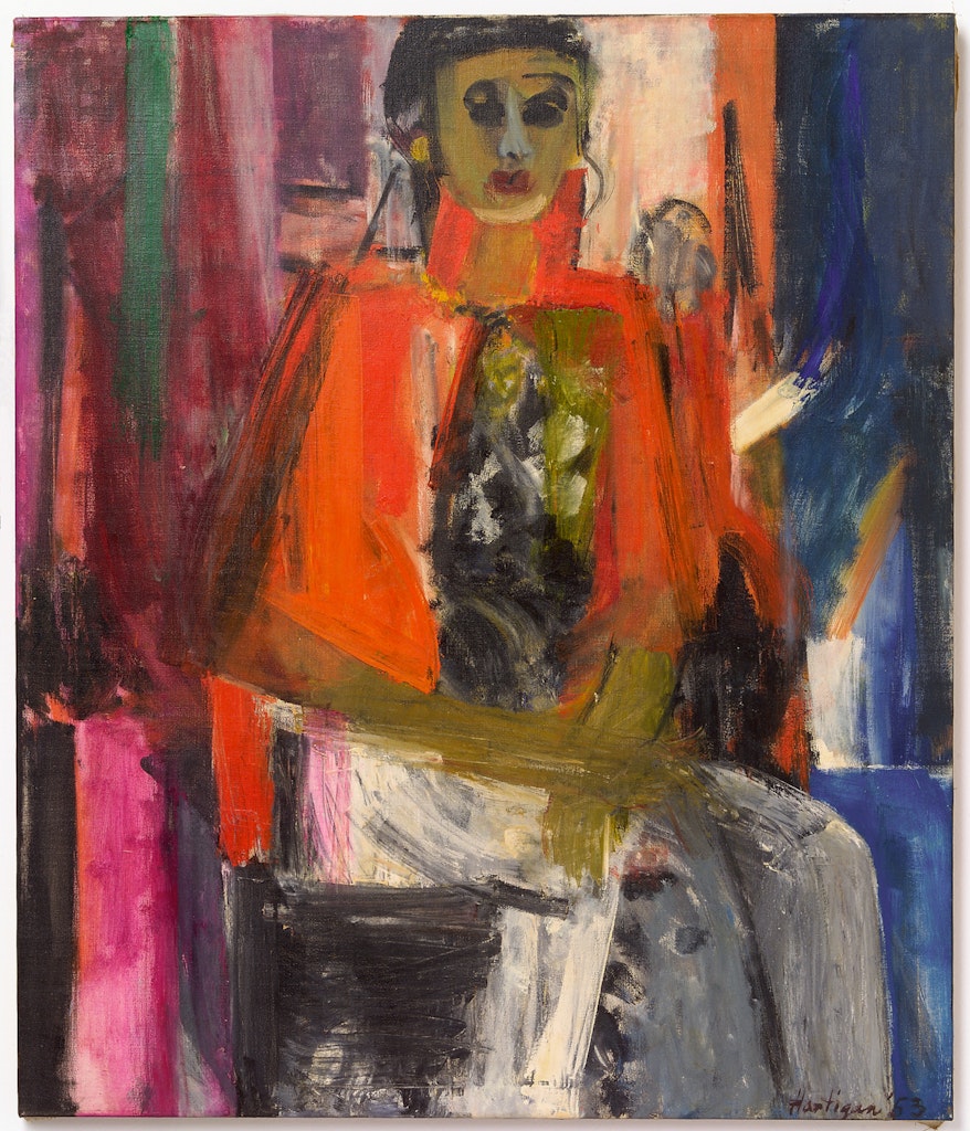 A painting of a figure wearing red and a colorful stripped background.