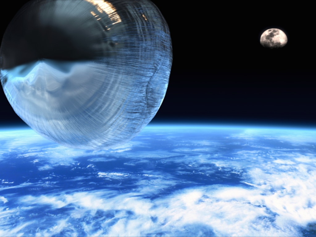 A space view of earth and the moon and a large silvery ball in the foreground.
