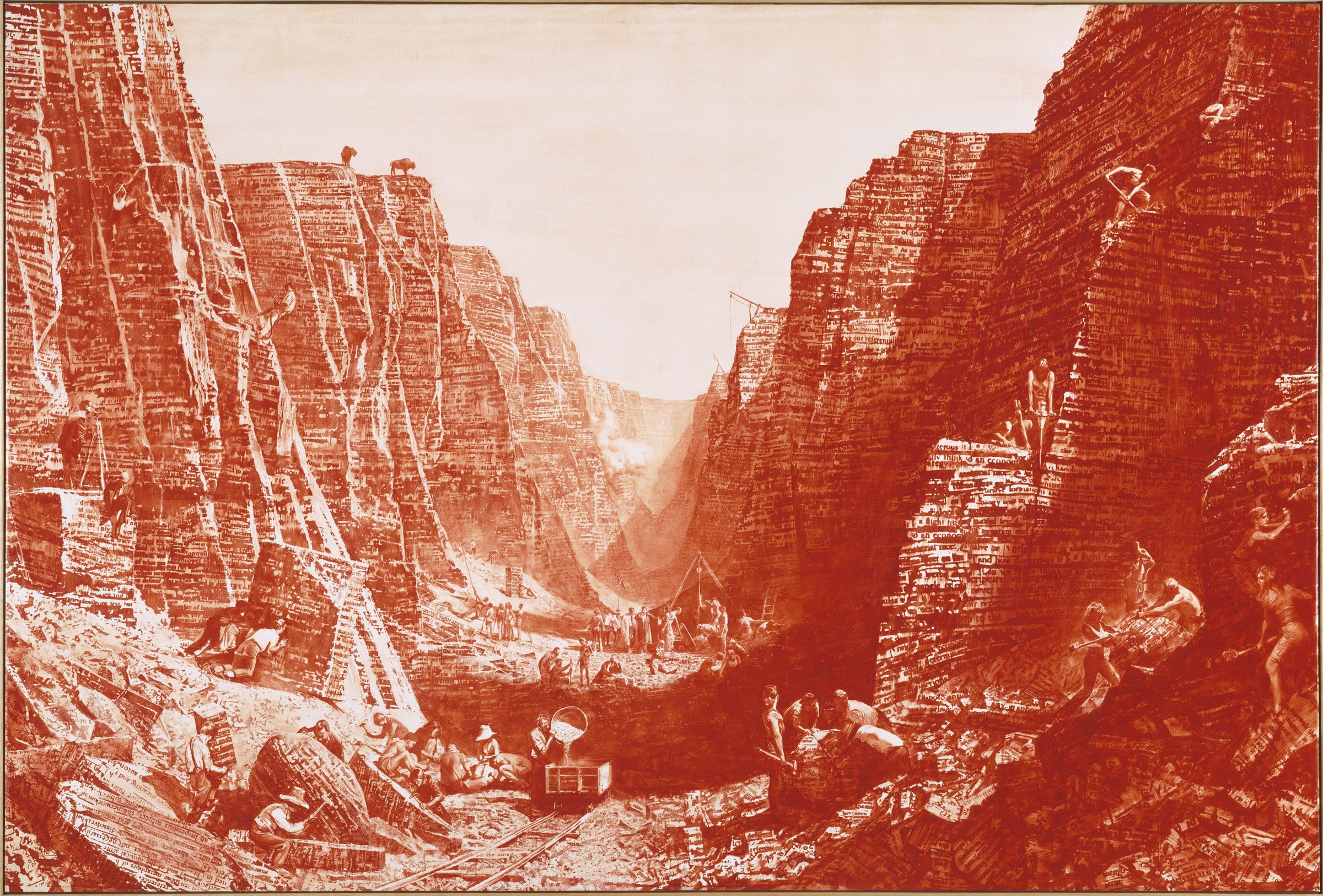 An old sepia illustraion of a mine with workers.