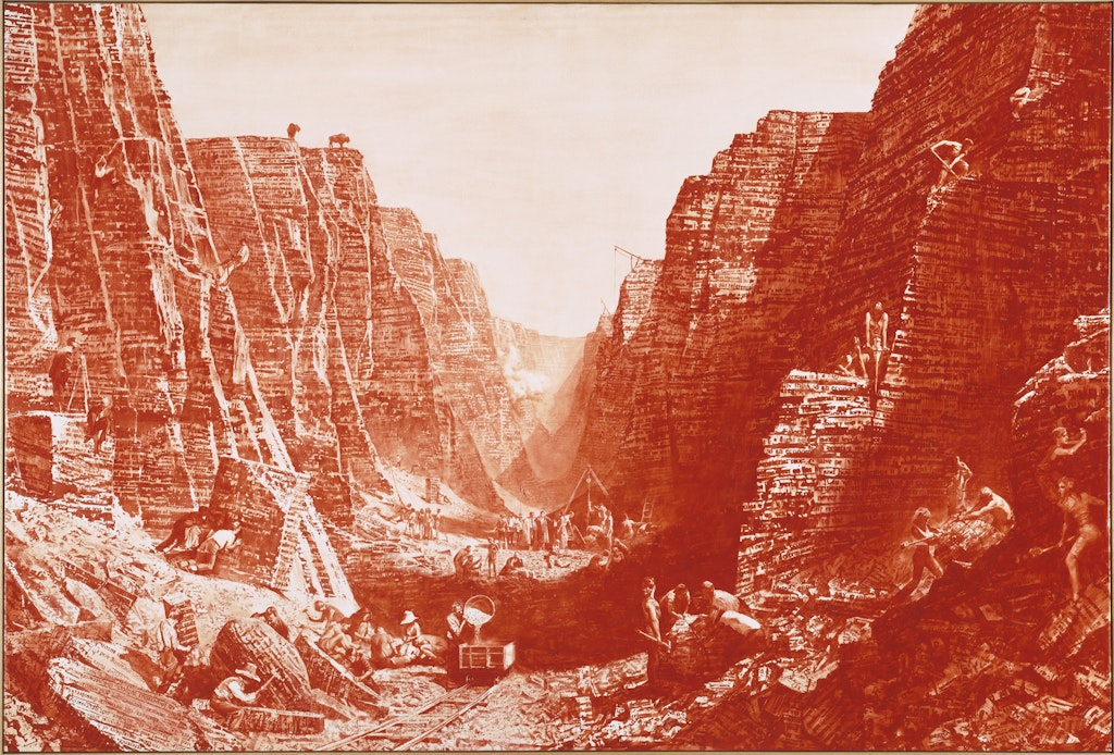 An old sepia illustraion of a mine with workers.