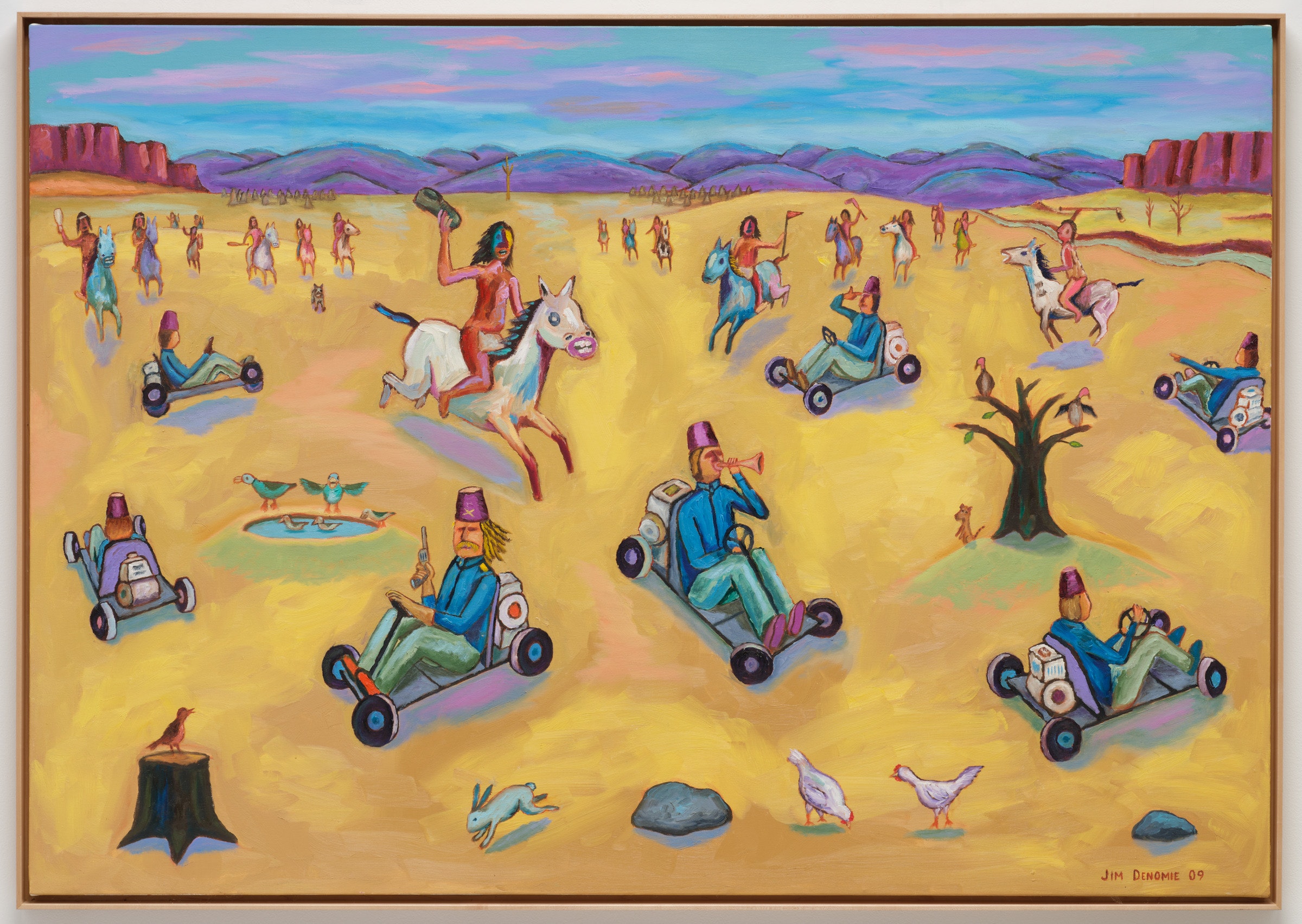 A painting of people in go-carts and on horses in a desert.