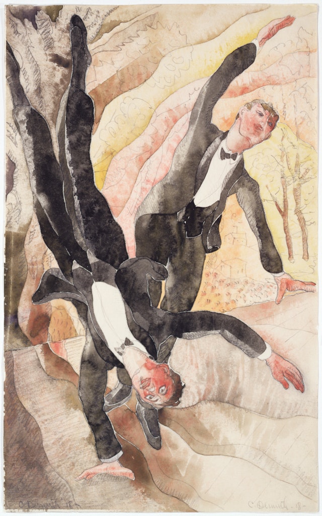 A painting of two men in suits tumbling