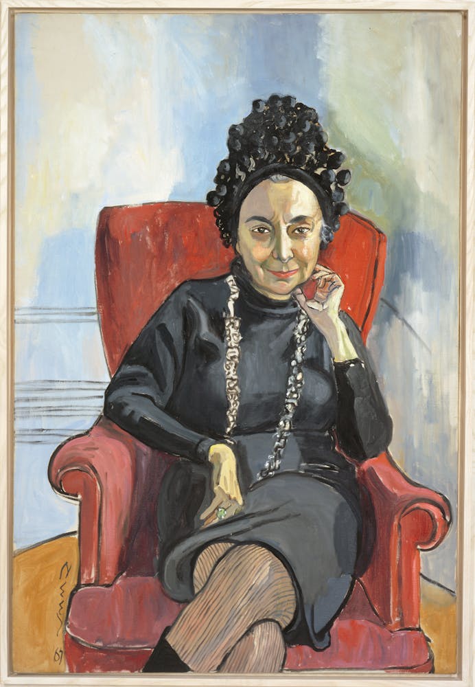 Painting of a woman in a chair smiling at the viewer.