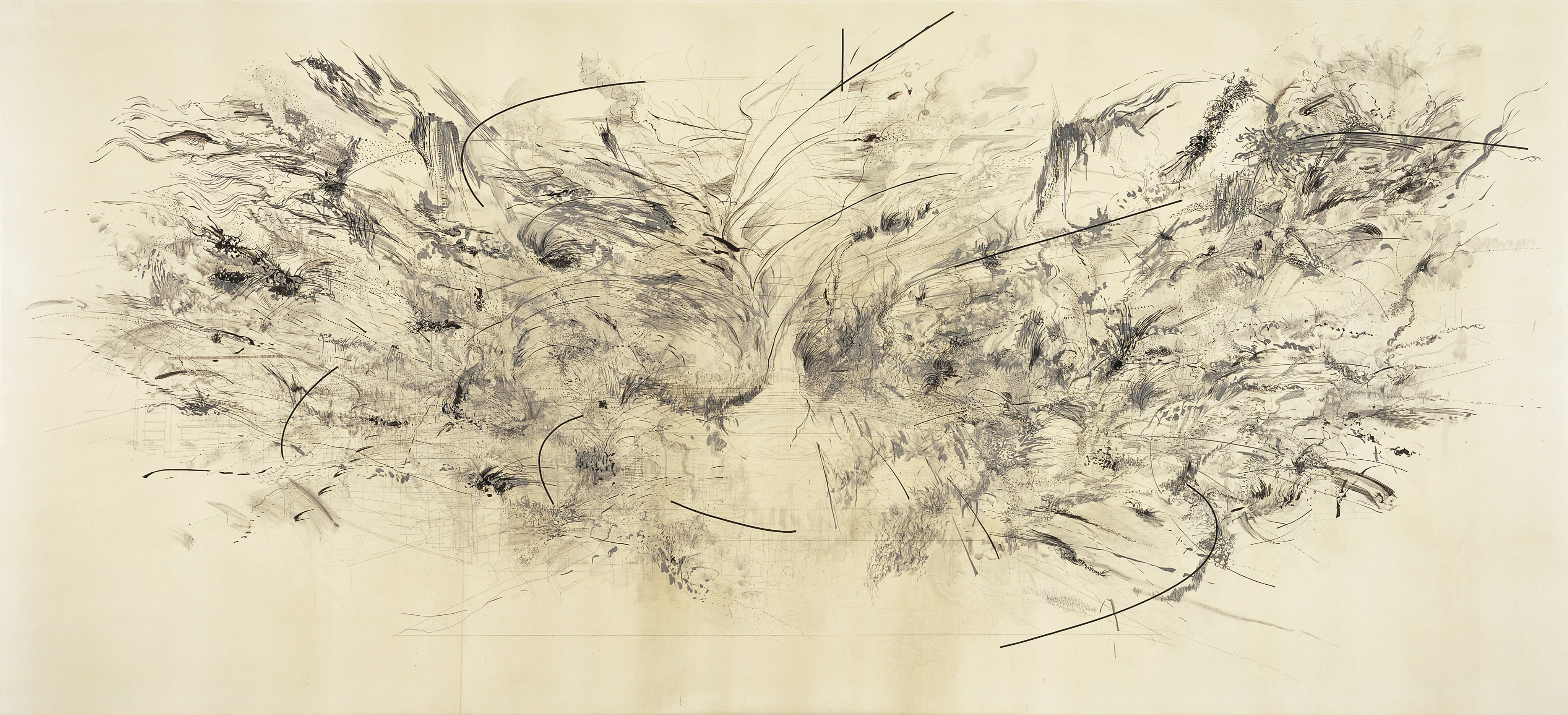 Abstract painting featuring complex black line work on beige background