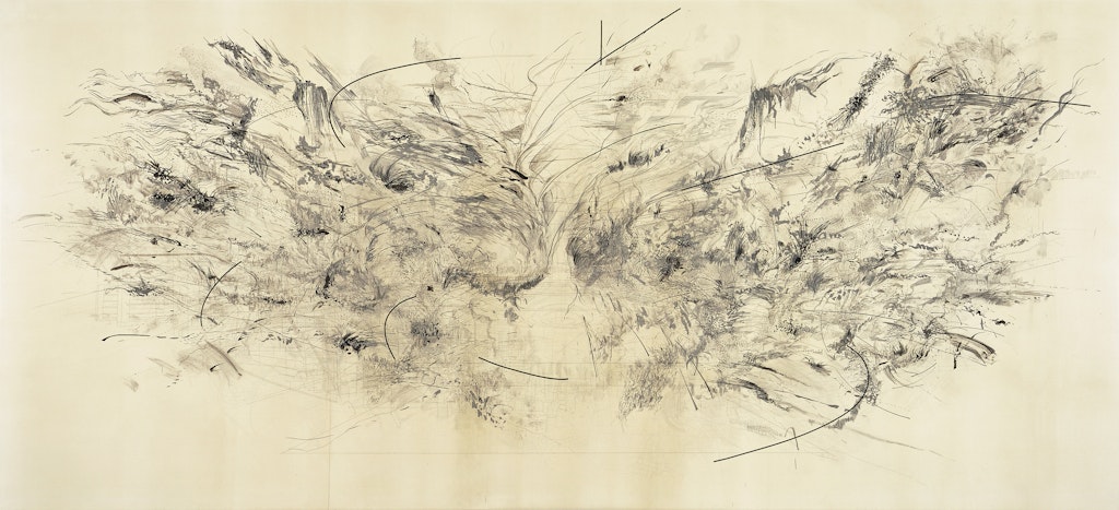 Abstract painting featuring complex black line work on beige background