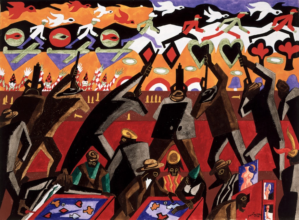 A painting of several people holding guns to the sky