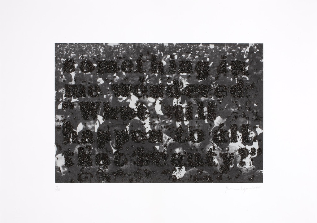 A 2D artwork of words placed over a black and white marble background in black flocking.