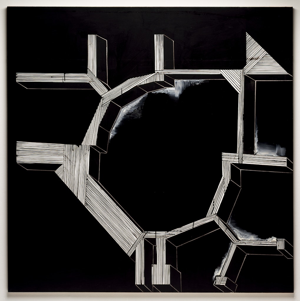 A black and white line drawing of shapes on black background