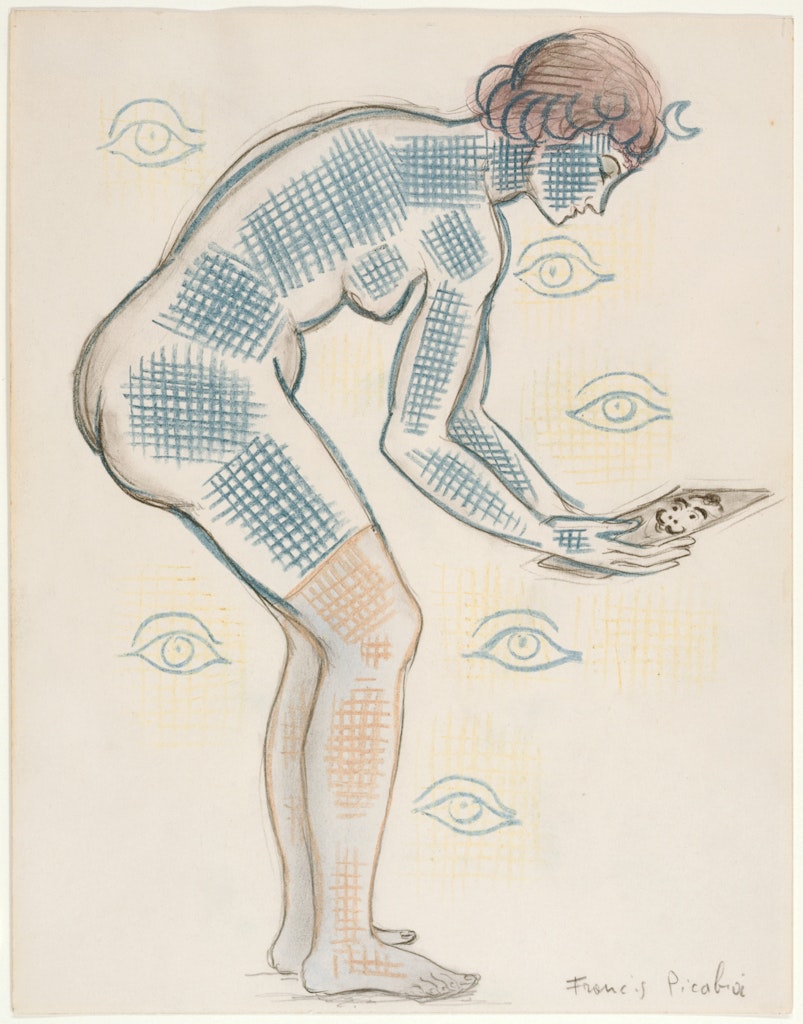 An illustration of an adult with blue cross hatchings and eye's around