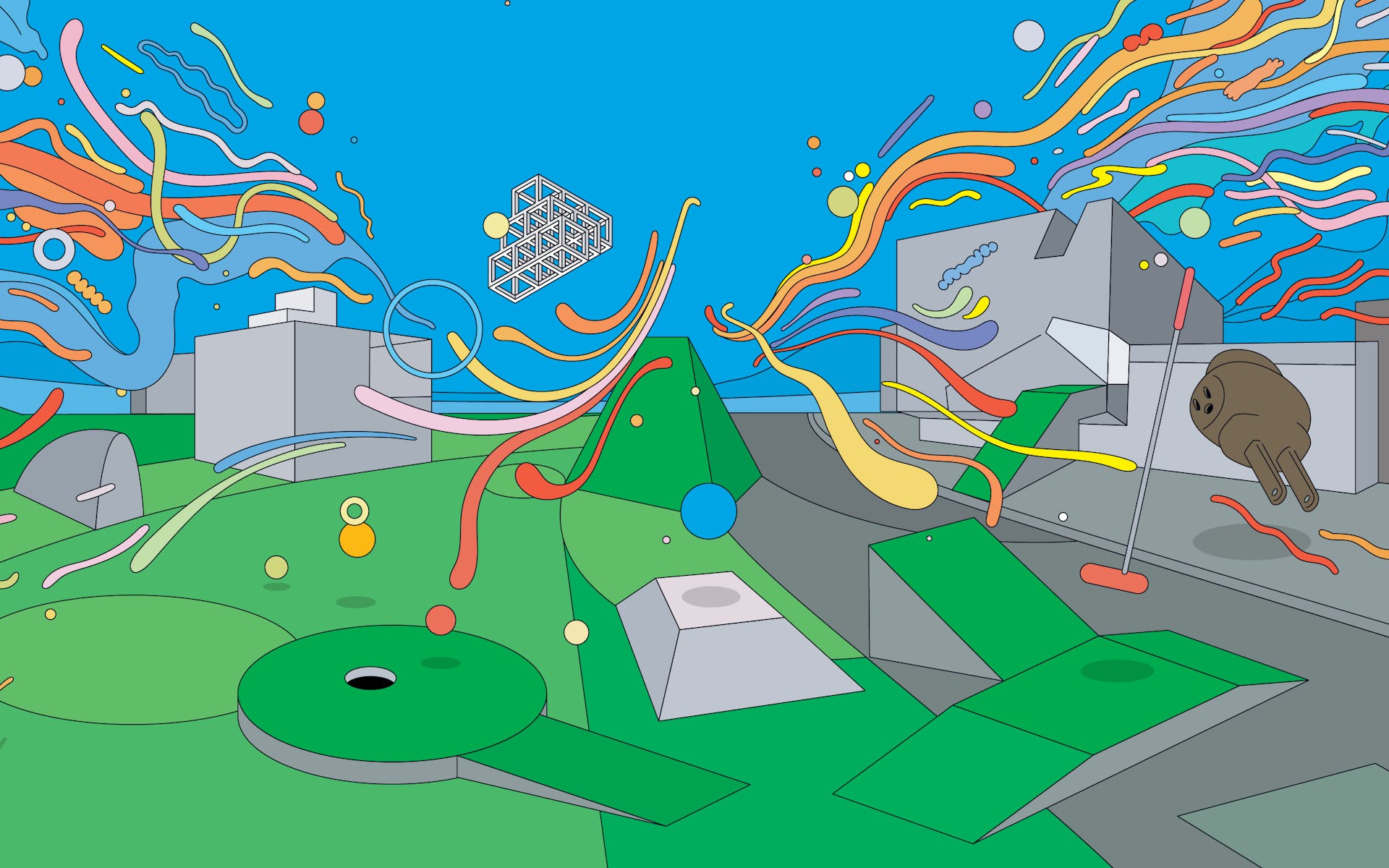 Colorful illustration of Walker building with dozens of floating multicolored balloons and shapes and mini golf course in front